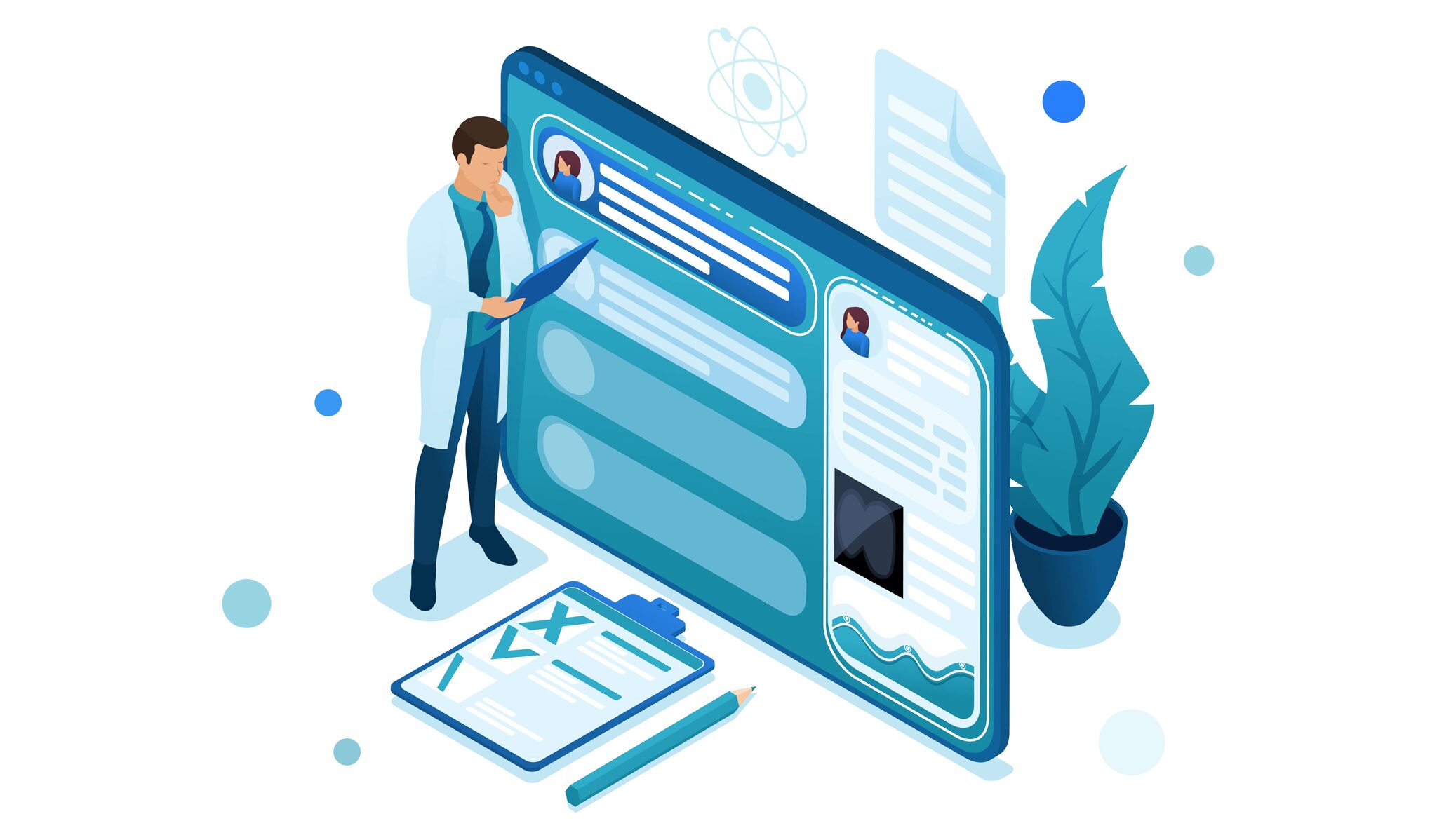 illustrated image of a provider standing next to a computer screen