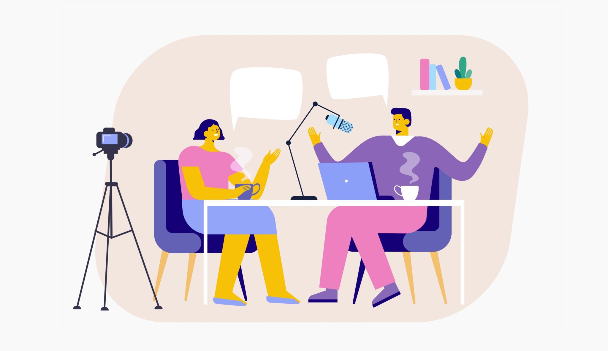 illustrated image of two people recording a podcast